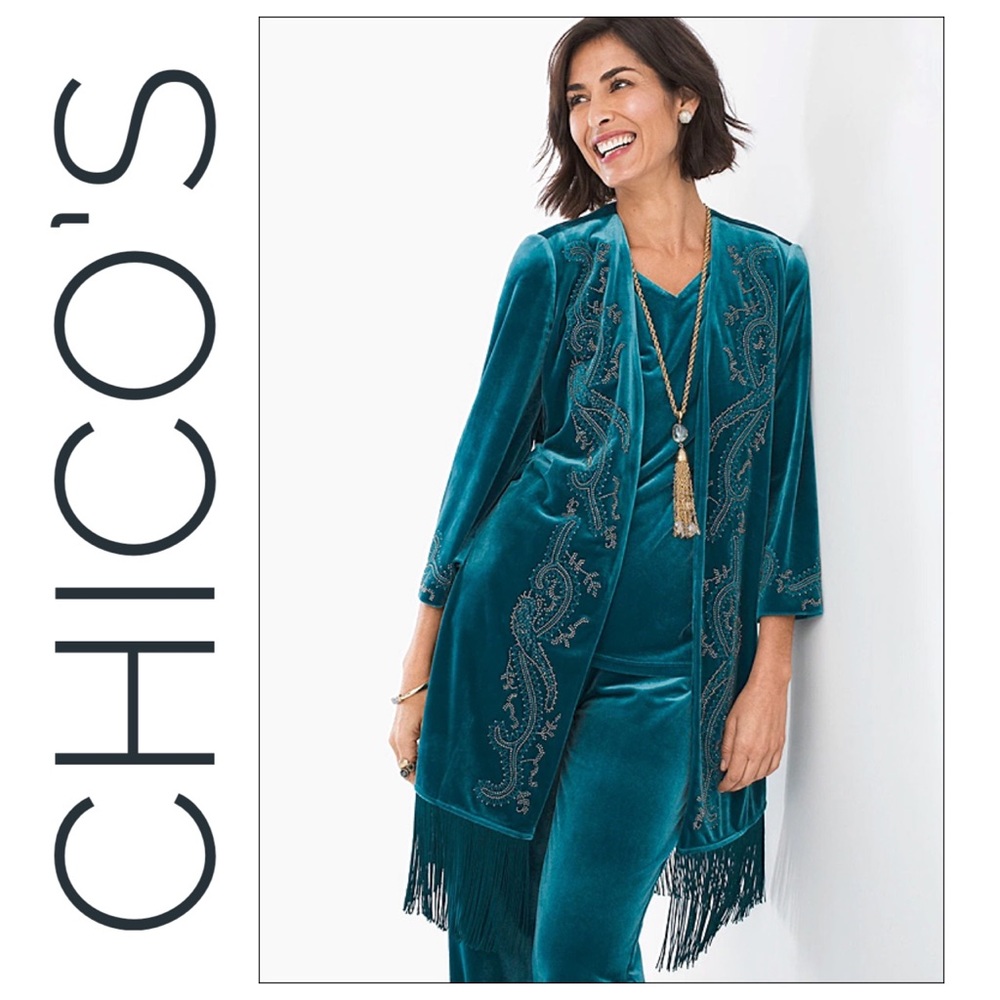 Chico’s Travelers Collection Teal Embellished Velvet Jacket